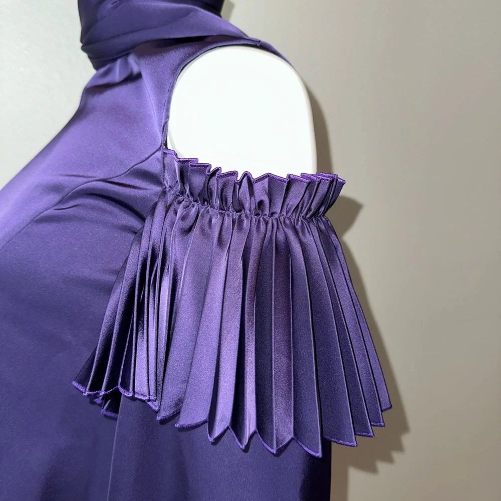 ADEAM Japan Intermix “Ashlee” purple cold shoulder pleated blouse top w ties XS - Picture 8 of 14